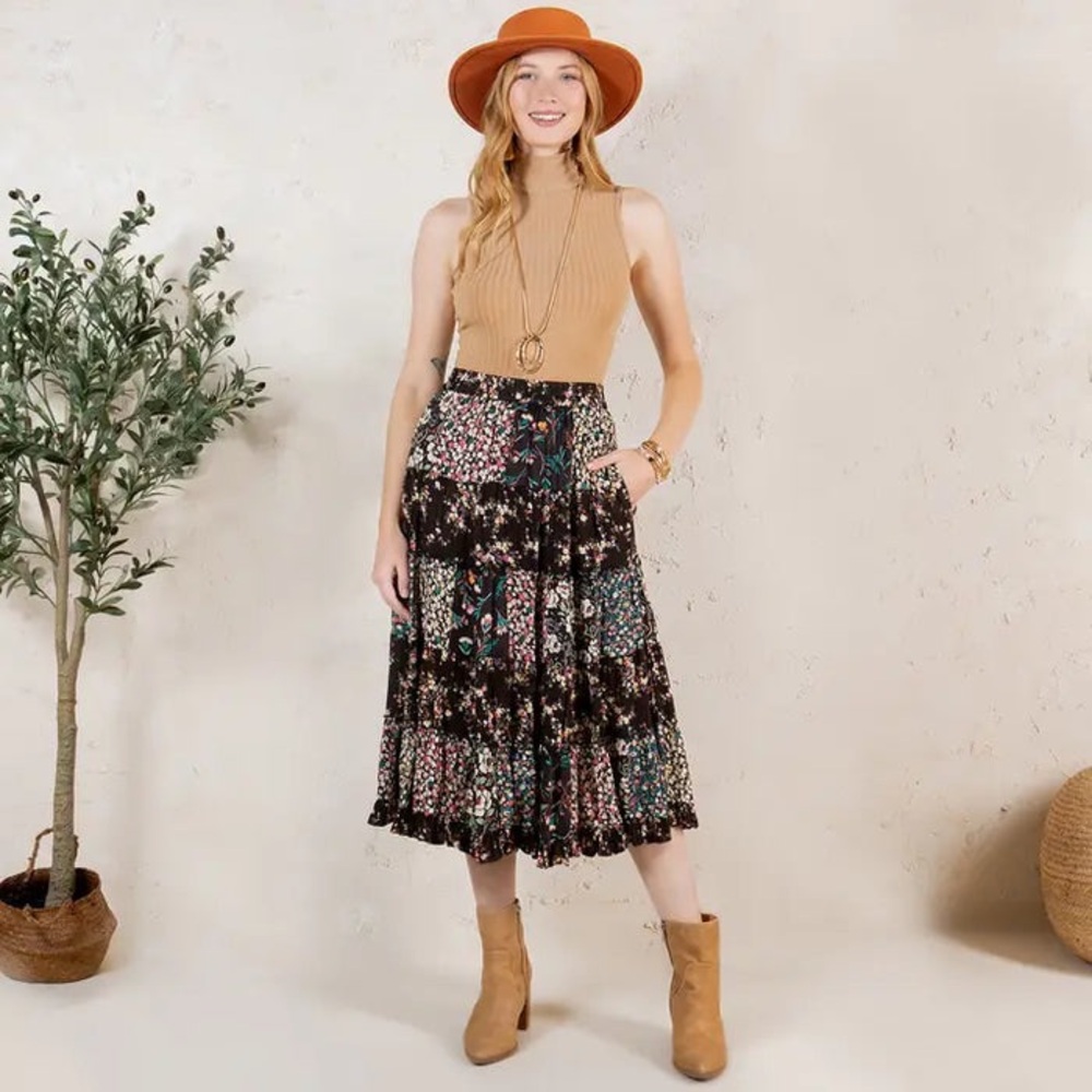 Floral Bohemian Midi Skirt